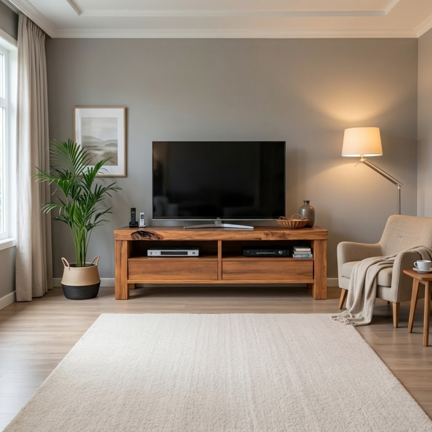 Rustic Solid Wood TV Stand with Natural Live Edge, Storage Drawers and Open Shelves
