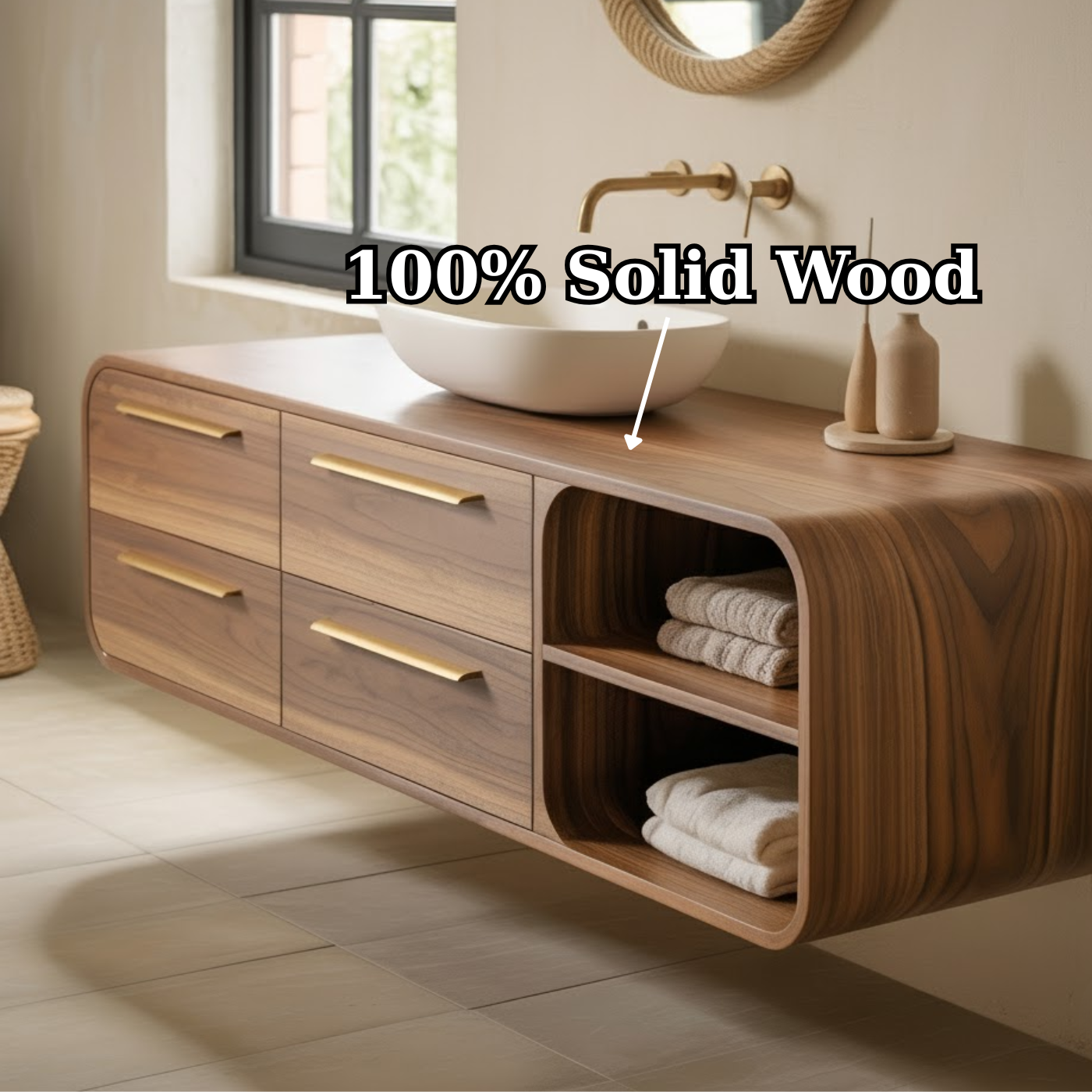Luxury Floating Solid Wood Bathroom Vanity with Open Shelf Storage