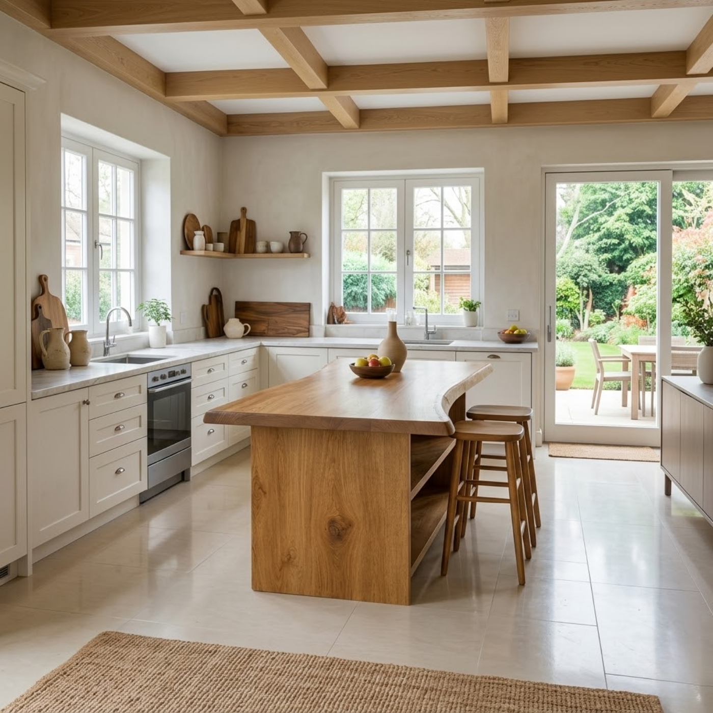 Live Edge Solid Wood Kitchen Island with Open Shelf Storage and Seating Bar Table