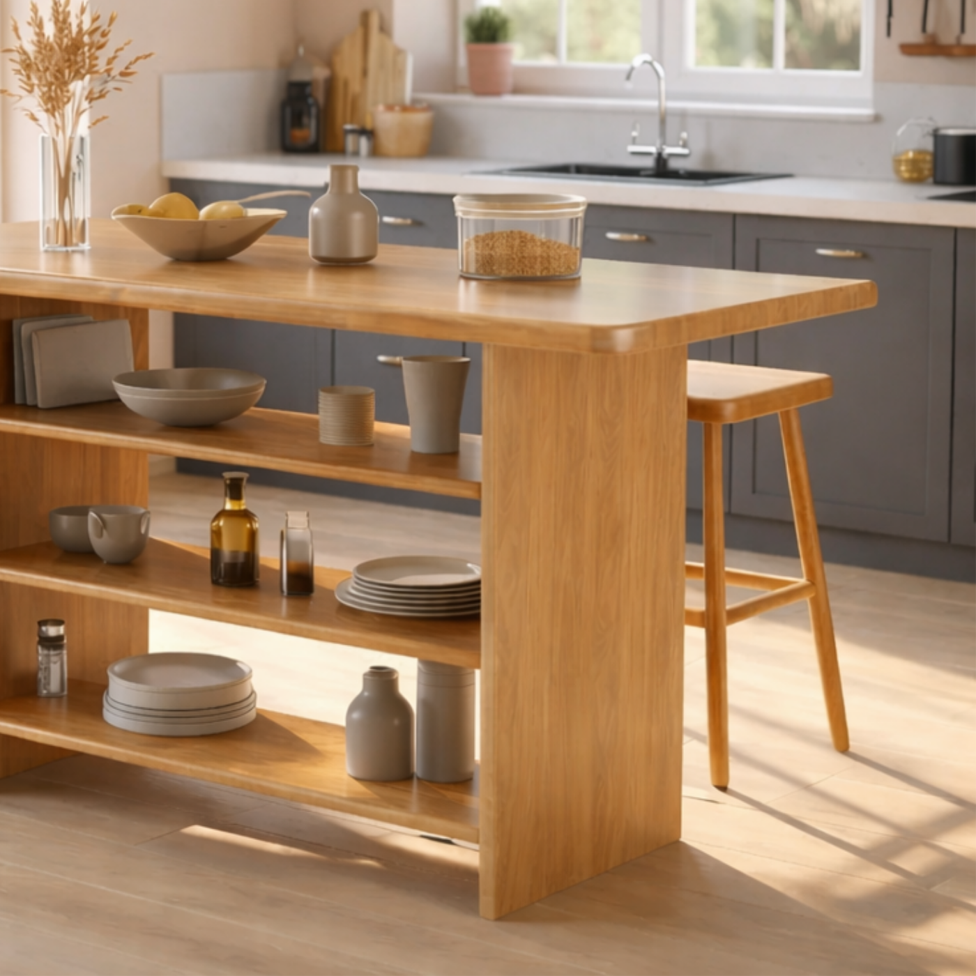Solid Wood Kitchen Island with Open Storage Shelves and Kitchen Bar Table
