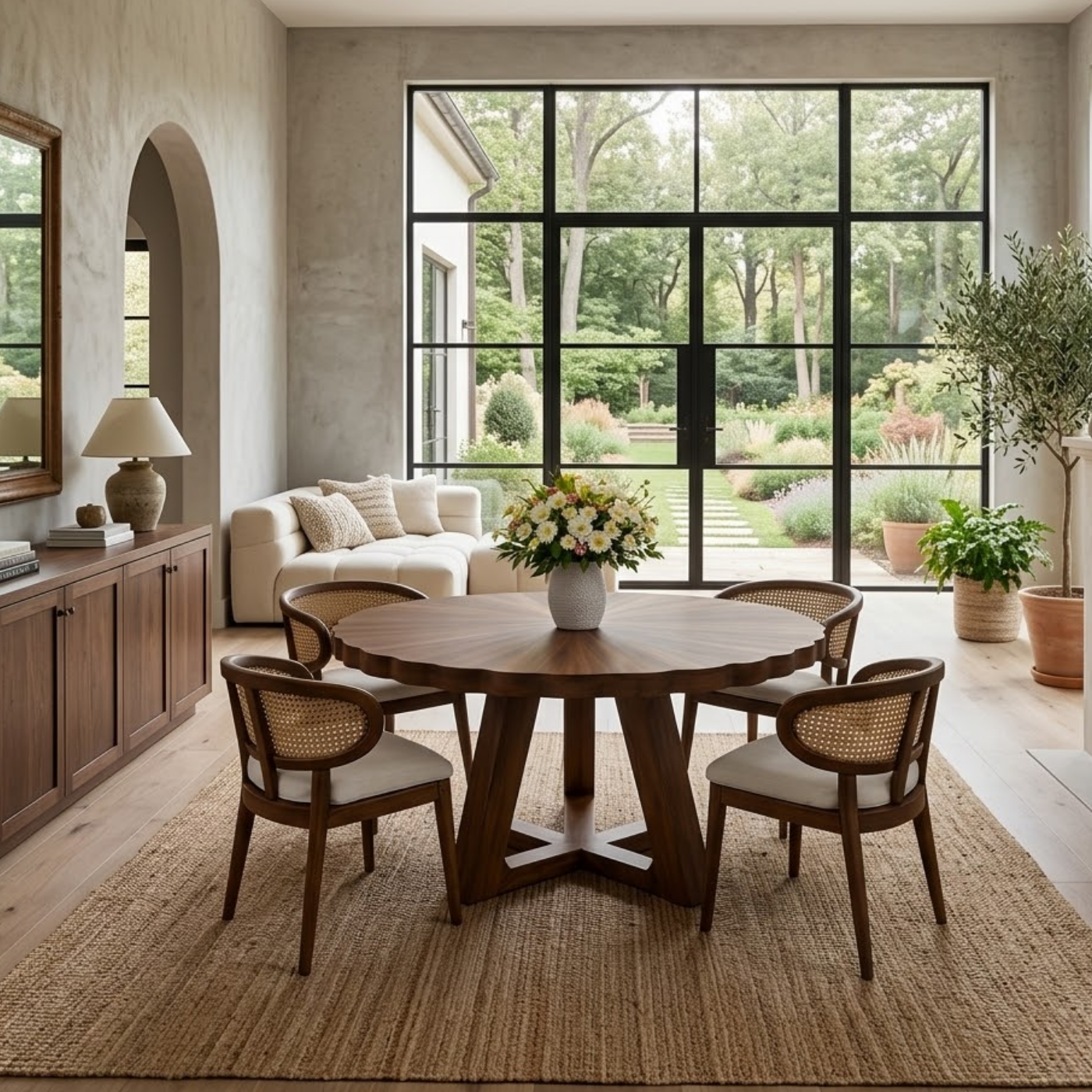 Round Solid Wood Dining Table with Scalloped Edge and Sculptural Base