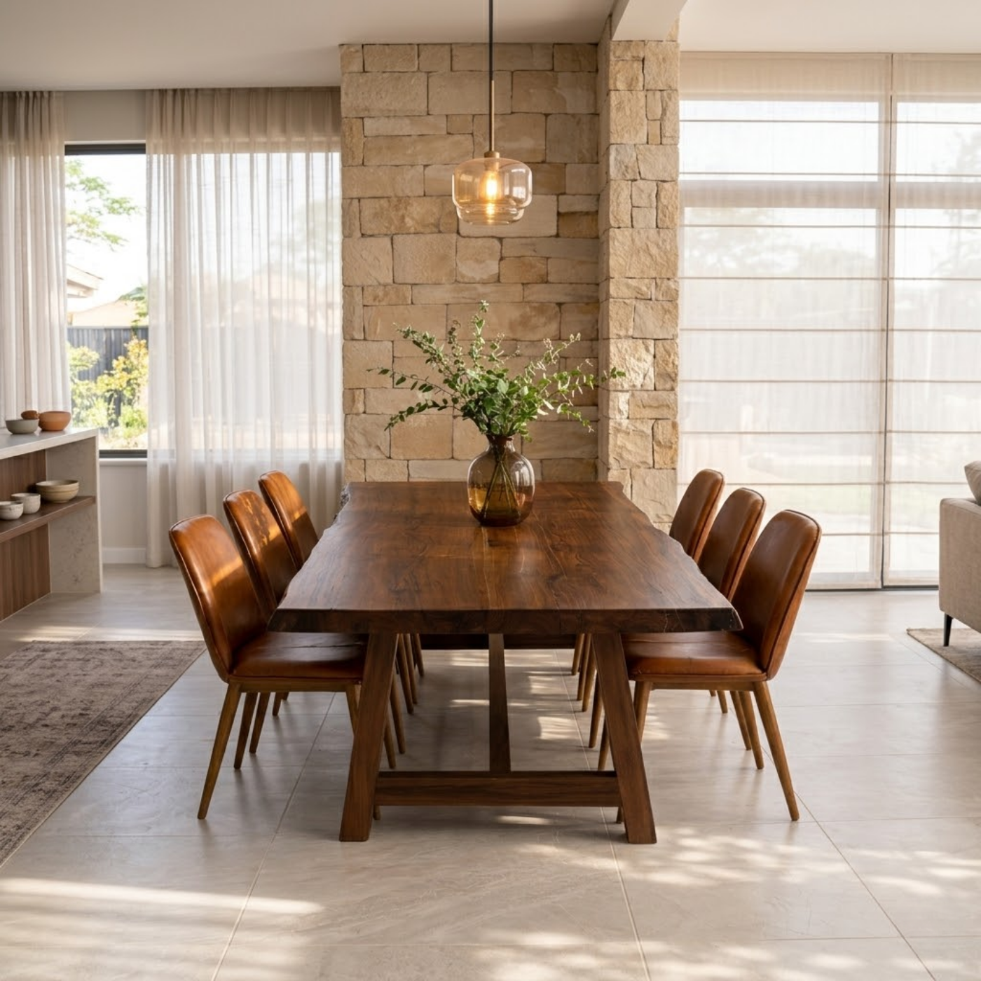 Live Edge Solid Wood Dining Table for Dining Room with Wooden Base