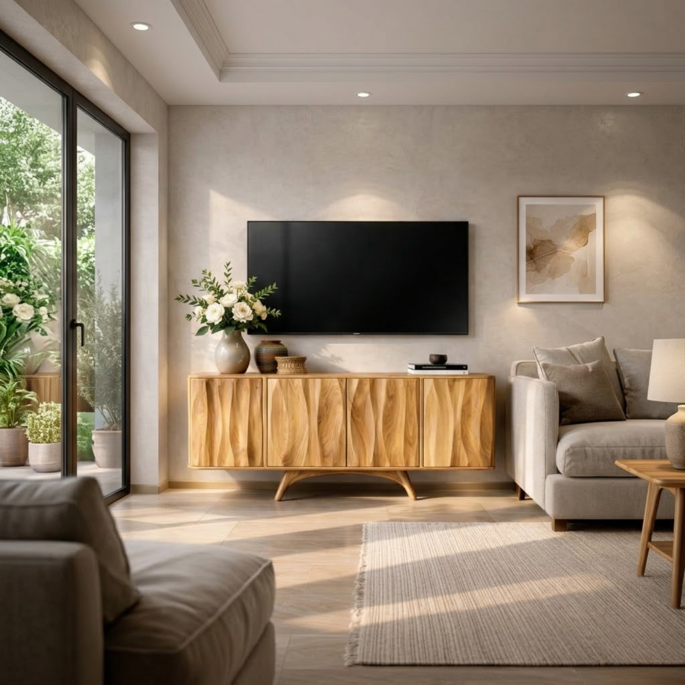 Solid Wood TV Stand for Living Room with Cabinet Storage