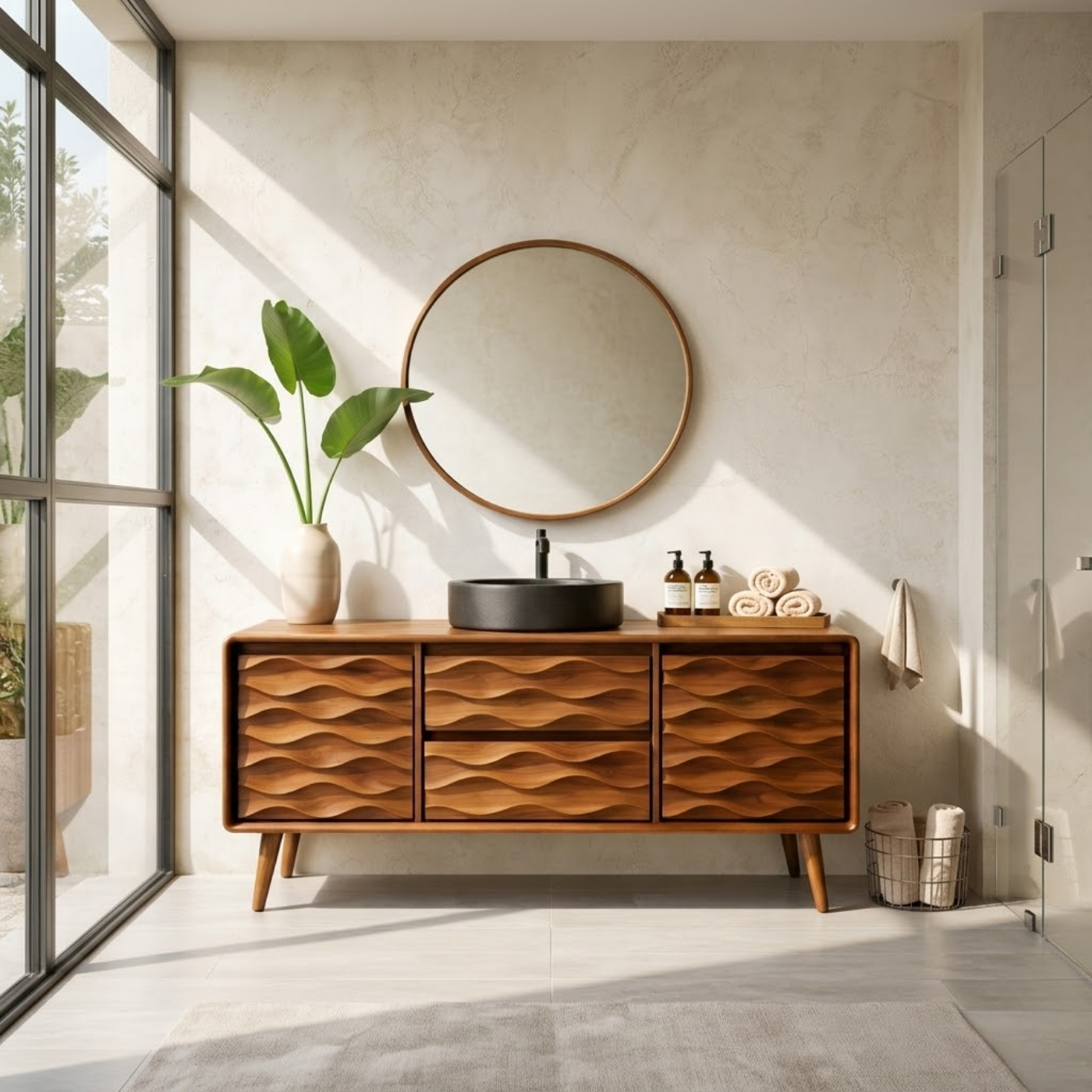 Solid Wood Bathroom Vanity with Layered Wavy Front Panels and Storage Drawers