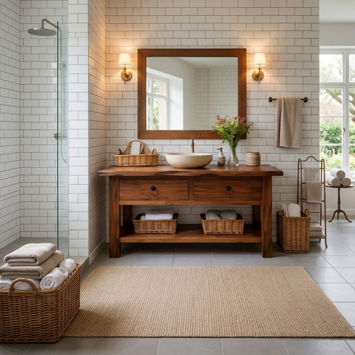 Solid Wood Bathroom Vanity with Open Shelf Storage and Double Drawer Design