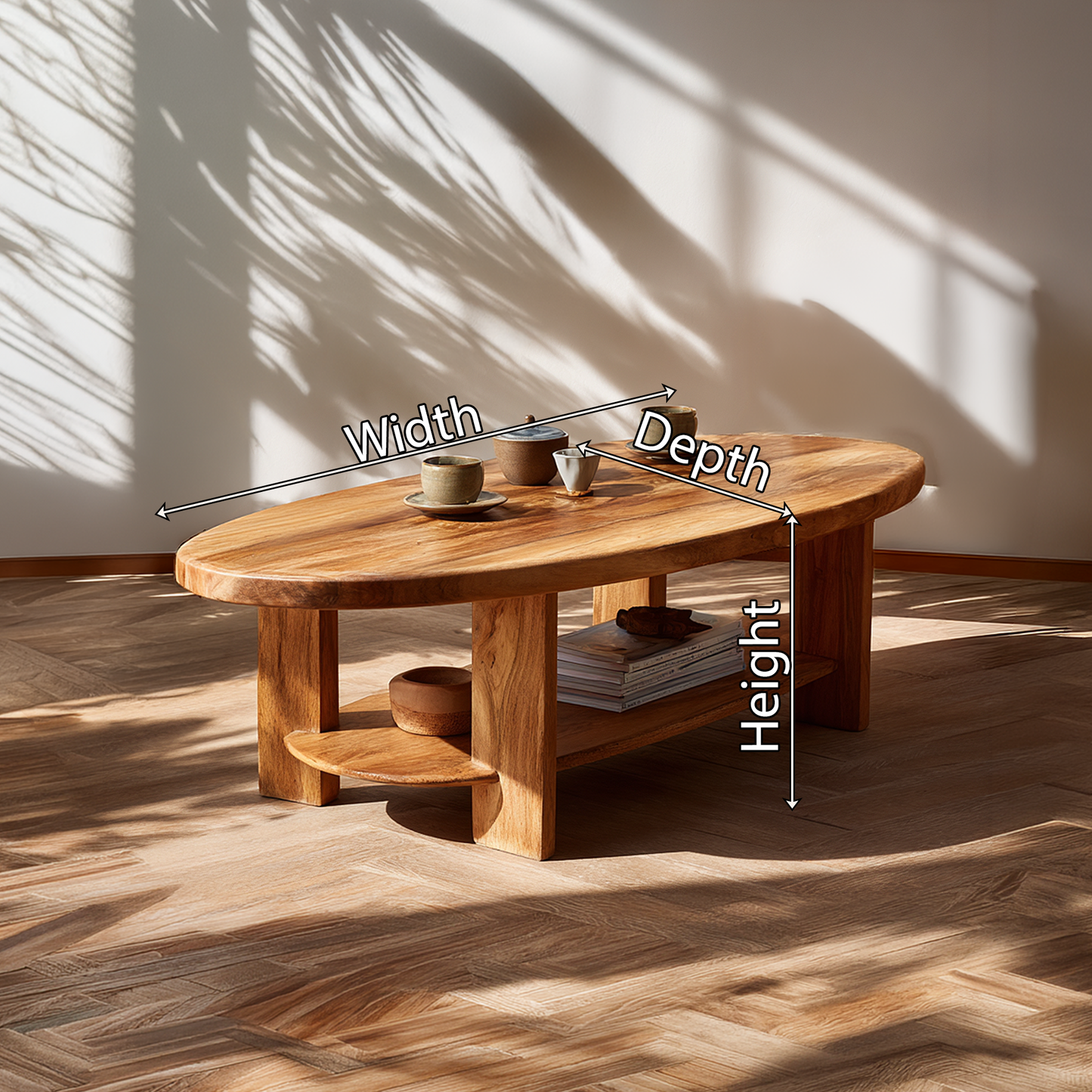 Oval Solid Wood Coffee Table with Open Shelf Storage