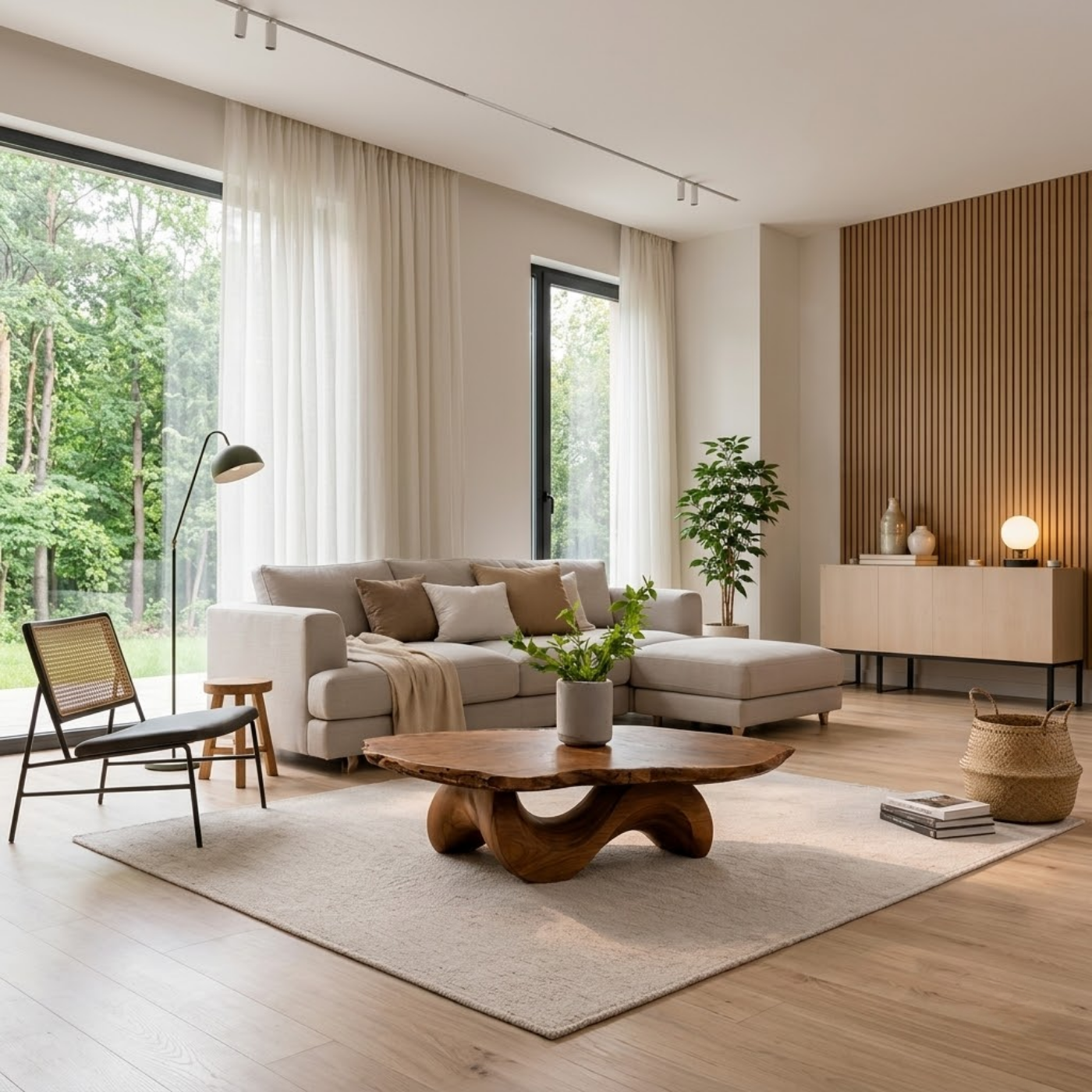 Live Edge Solid Wood Coffee Table with Sculptural Curved Base