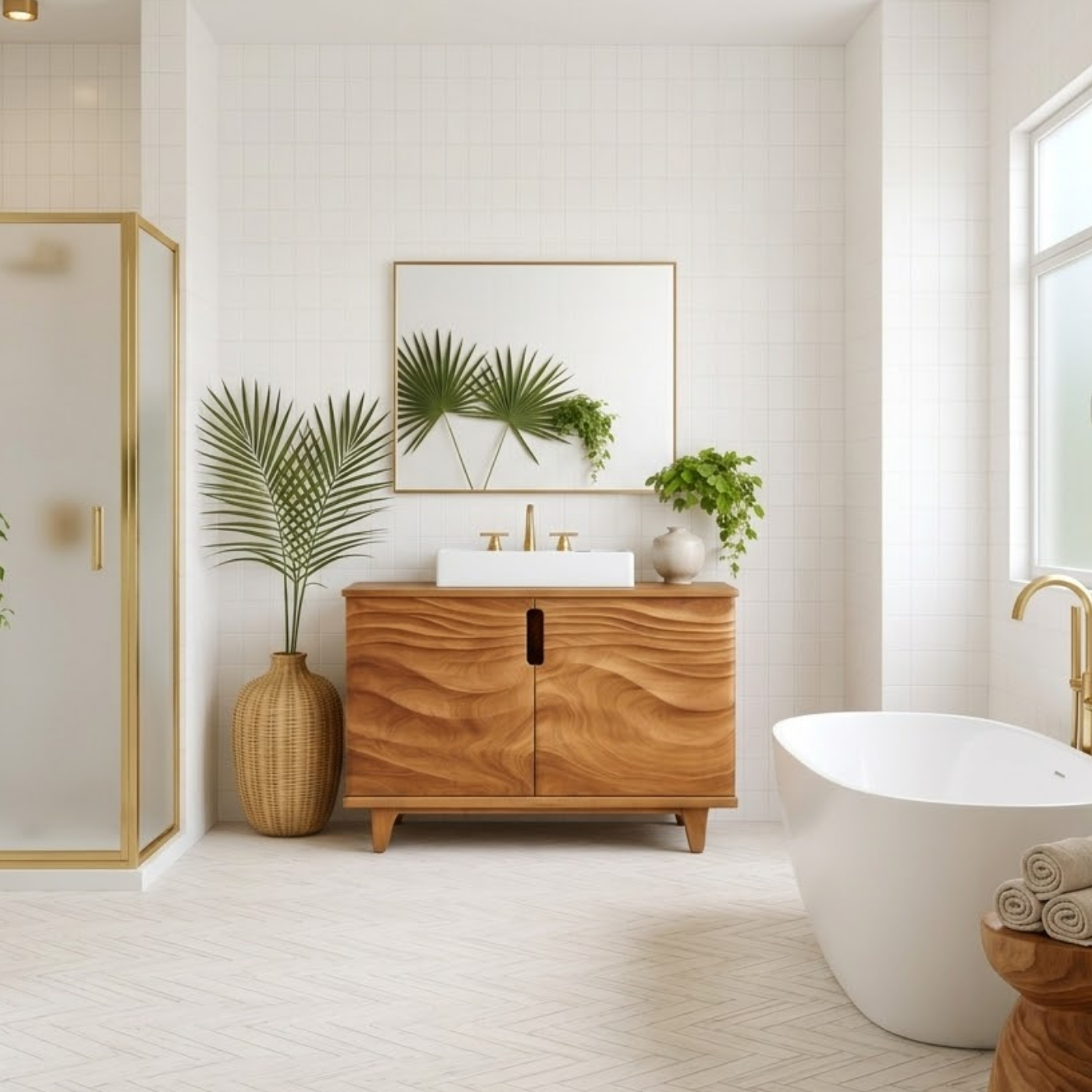 Solid Wood Bathroom Vanity for Modern Bathroom with Wave Textured Doors