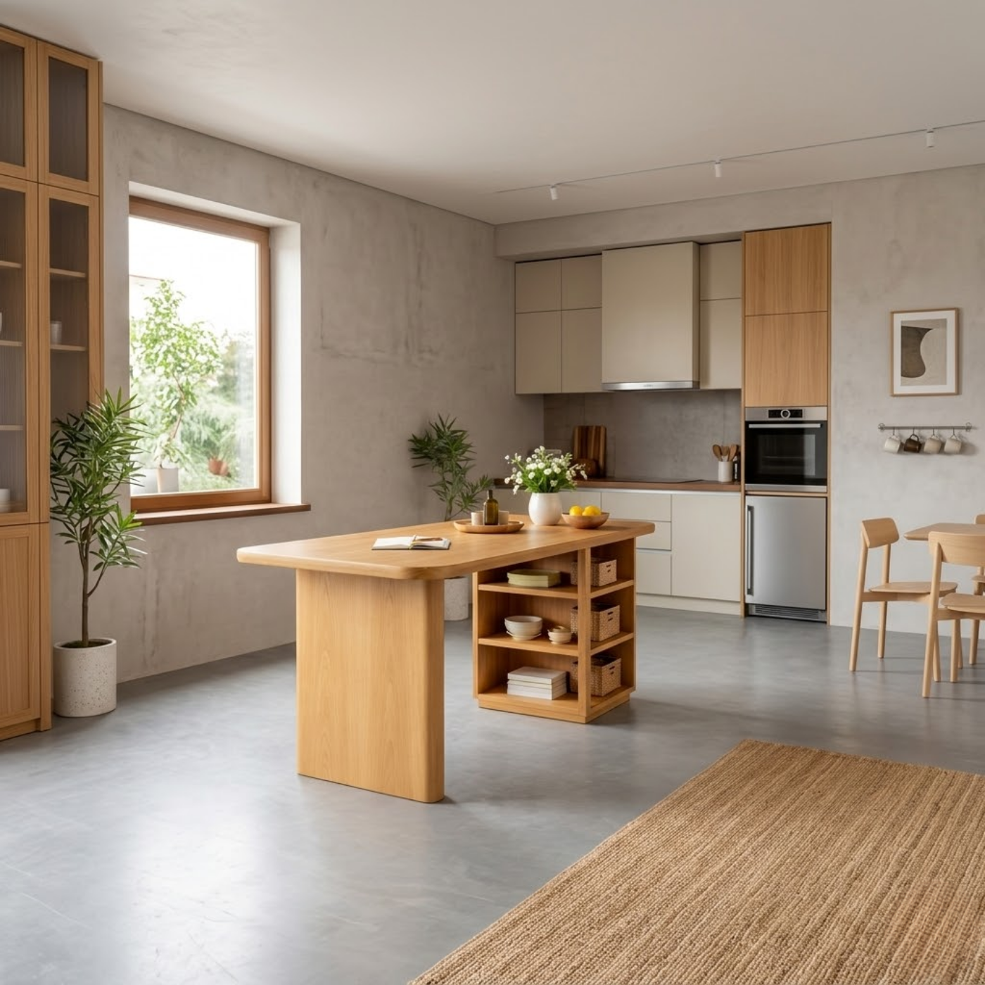Modern Solid Wood Kitchen Island with Integrated Storage Shelves