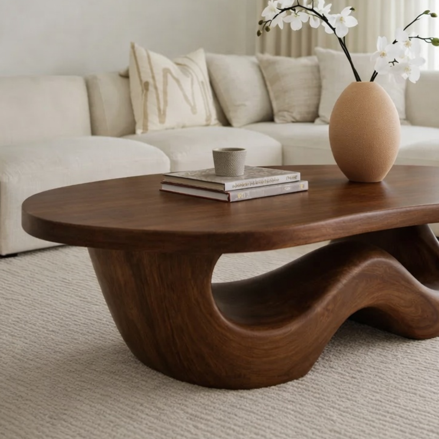 Solid Wood Coffee Table with Sculpted Organic Wave Base