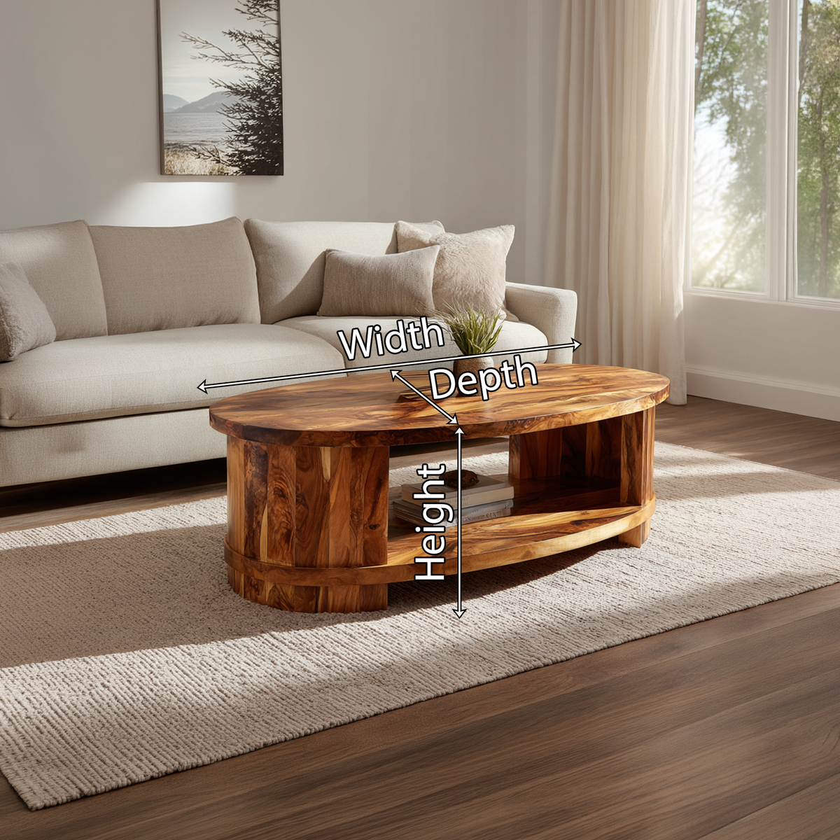 Oval Coffee Table with Curved Frame and Open Storage Shelf