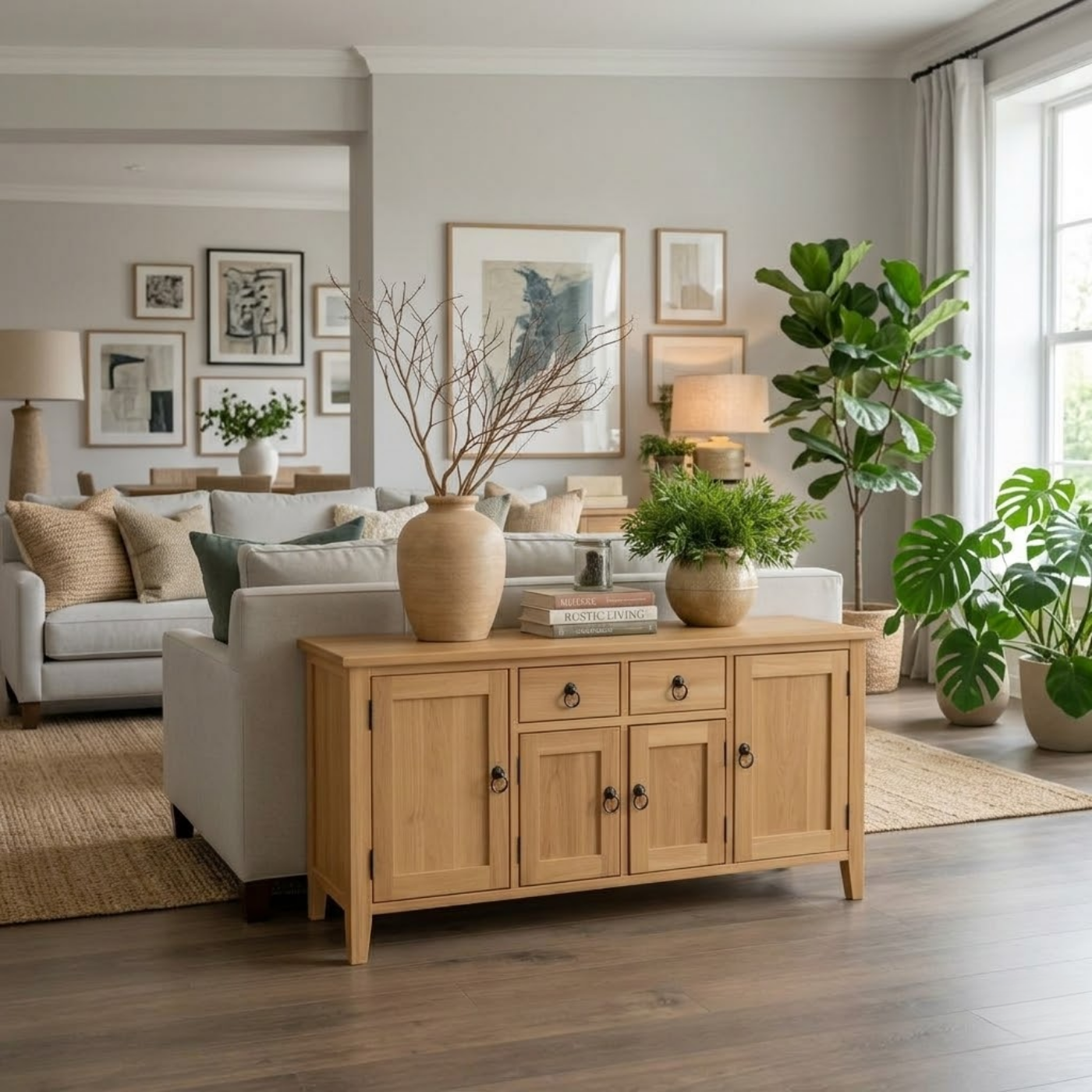 Solid Wood Console Table with Storage Cabinets and Drawers