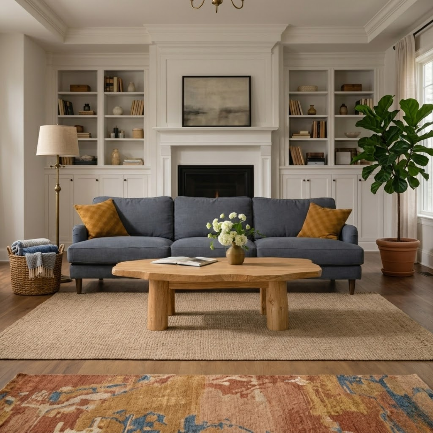 Solid Wood Round Coffee Table with Chunky Legs – Rustic Natural Wood Living Room Table