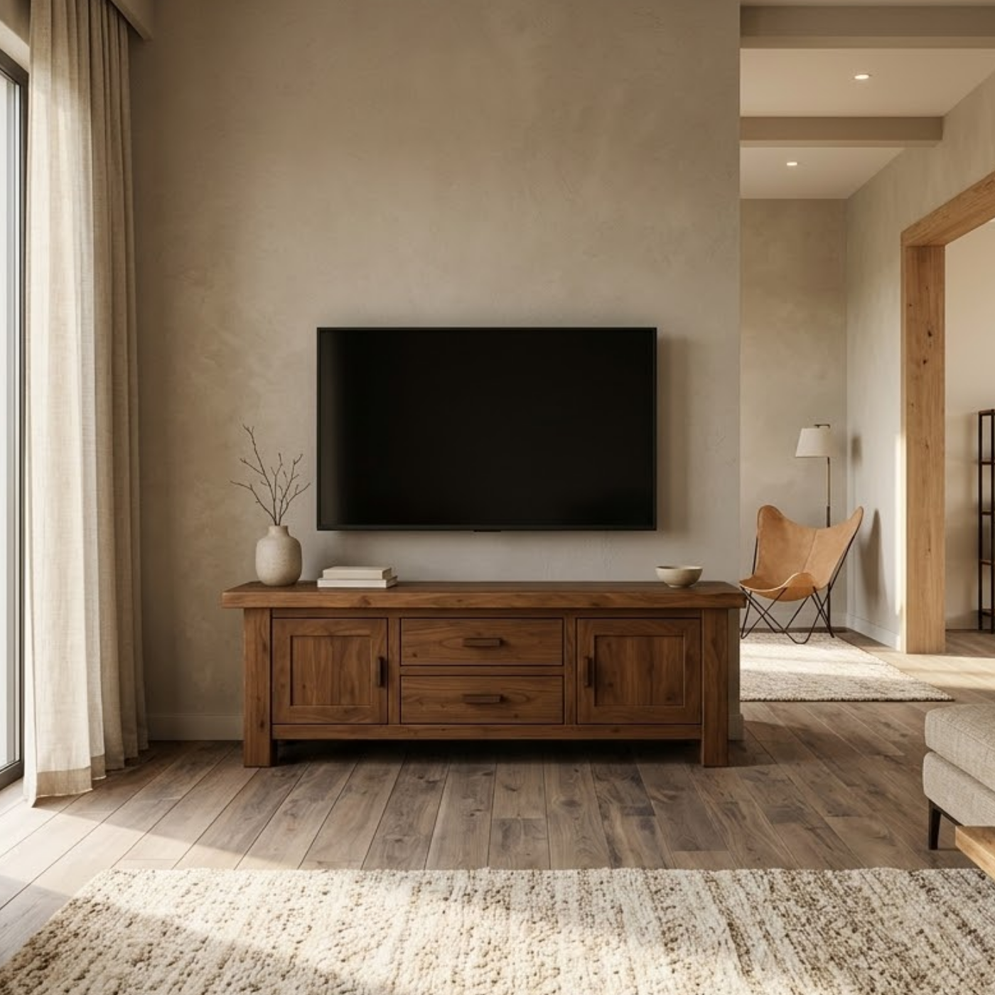 Solid Wood TV Stand with Drawers and Cabinets – Rustic Modern Media Console