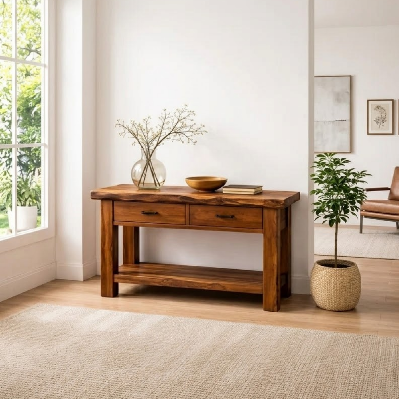 Solid Wood Console Table with Drawers and Shelf