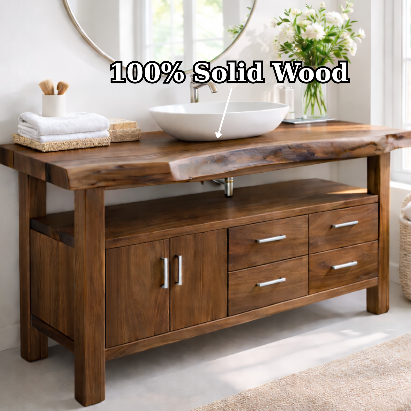Live Edge Solid Wood Bathroom Vanity with Double Cabinet Doors, Four Drawers and Open Shelf