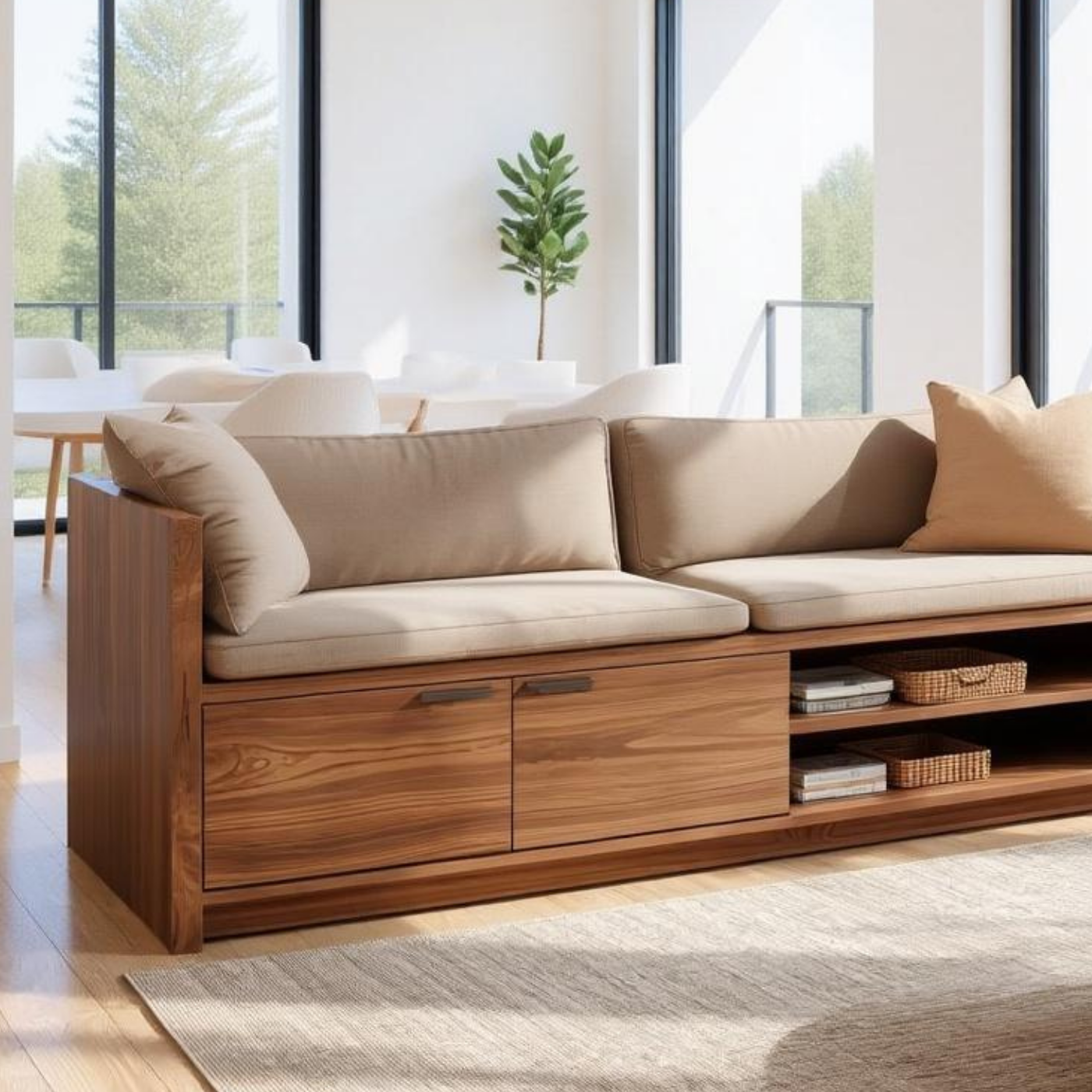 Solid Wood Storage Sofa – Modern Wooden Sofa with Drawer and Shelving