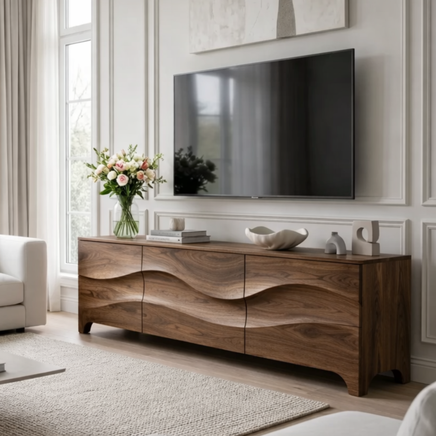 Modern Walnut Wave TV Stand – Sculpted Wood Media Console