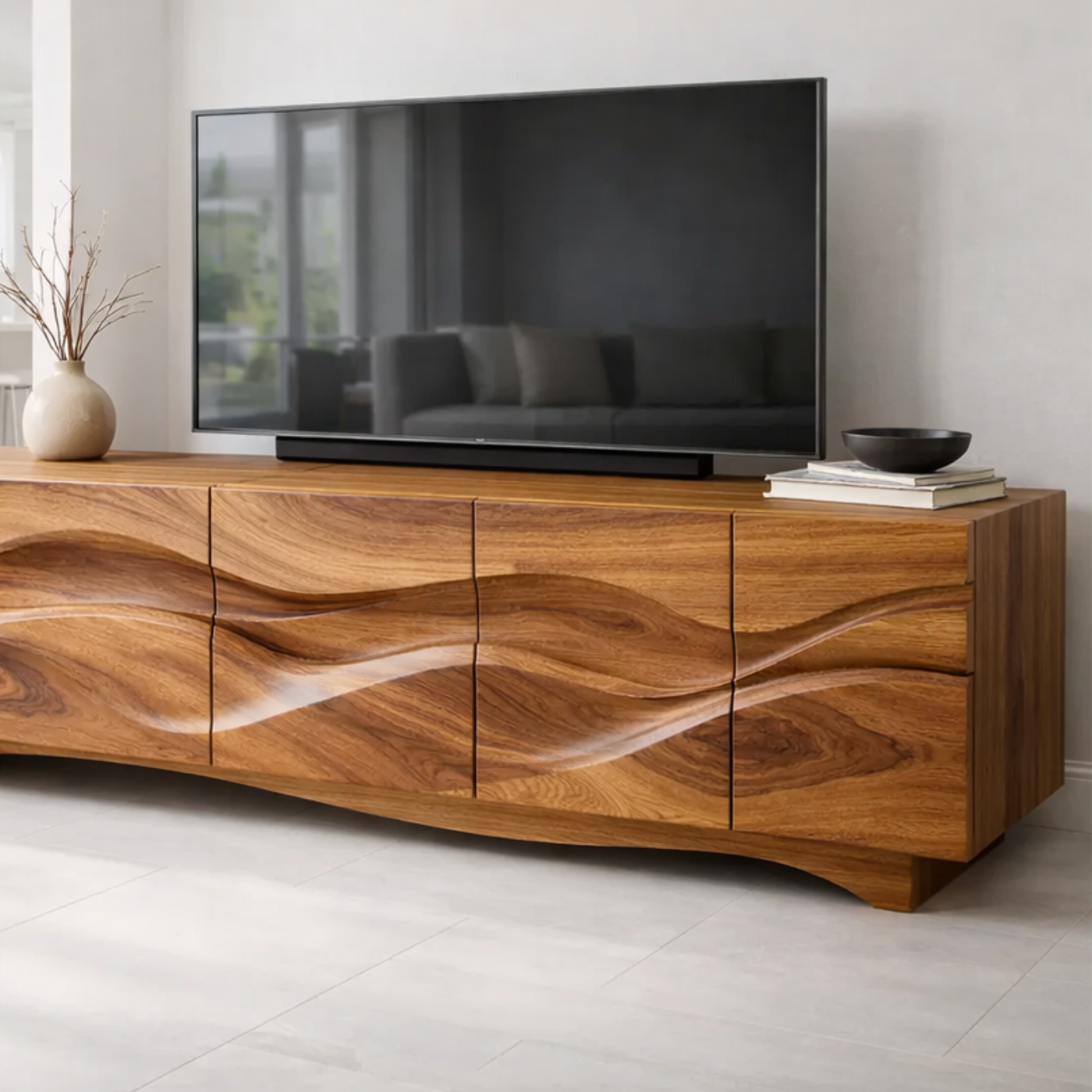 Luxury Walnut Wave TV Console – Sculpted Solid Wood Design