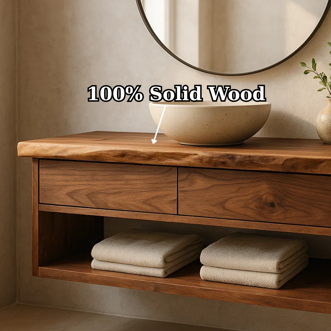 Modern Solid Wood Floating Bathroom Vanity with Live Edge Countertop and Open Shelf Storage