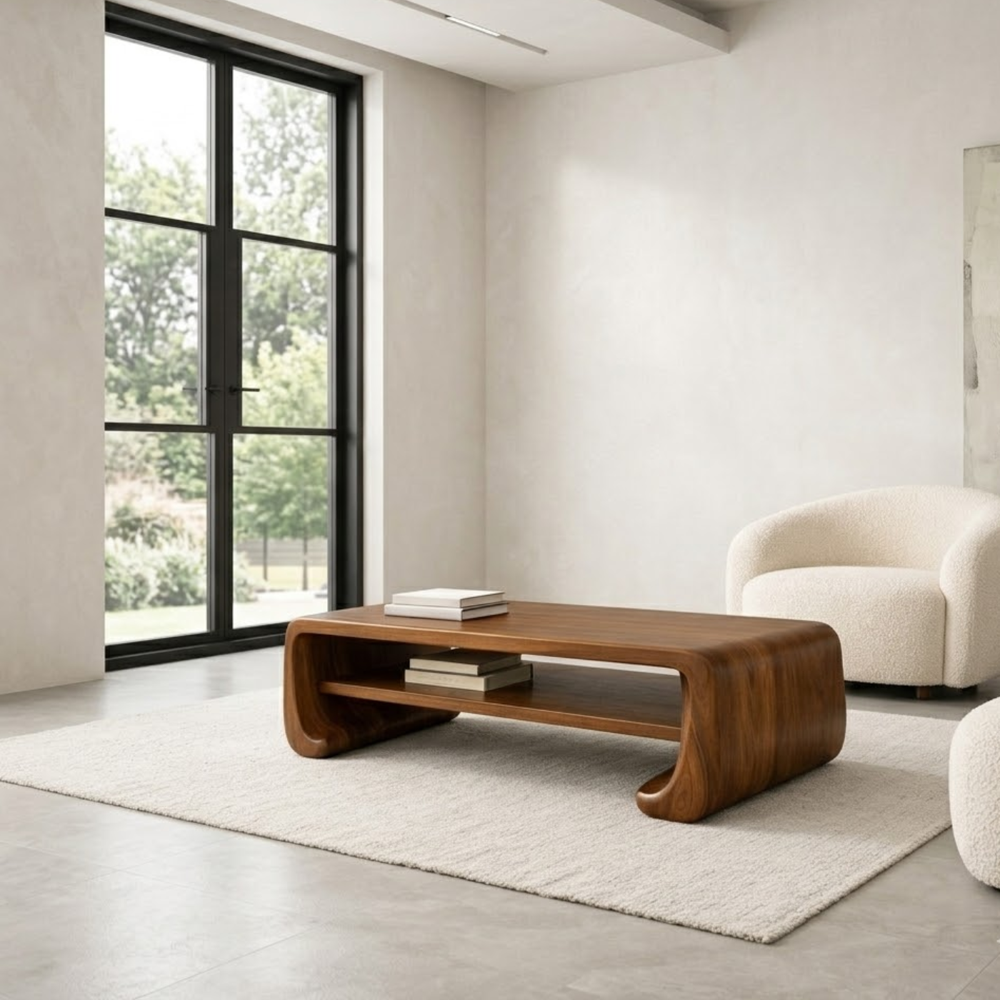 Handcrafted Solid Wood Sculptural Coffee Table with Open Shelf