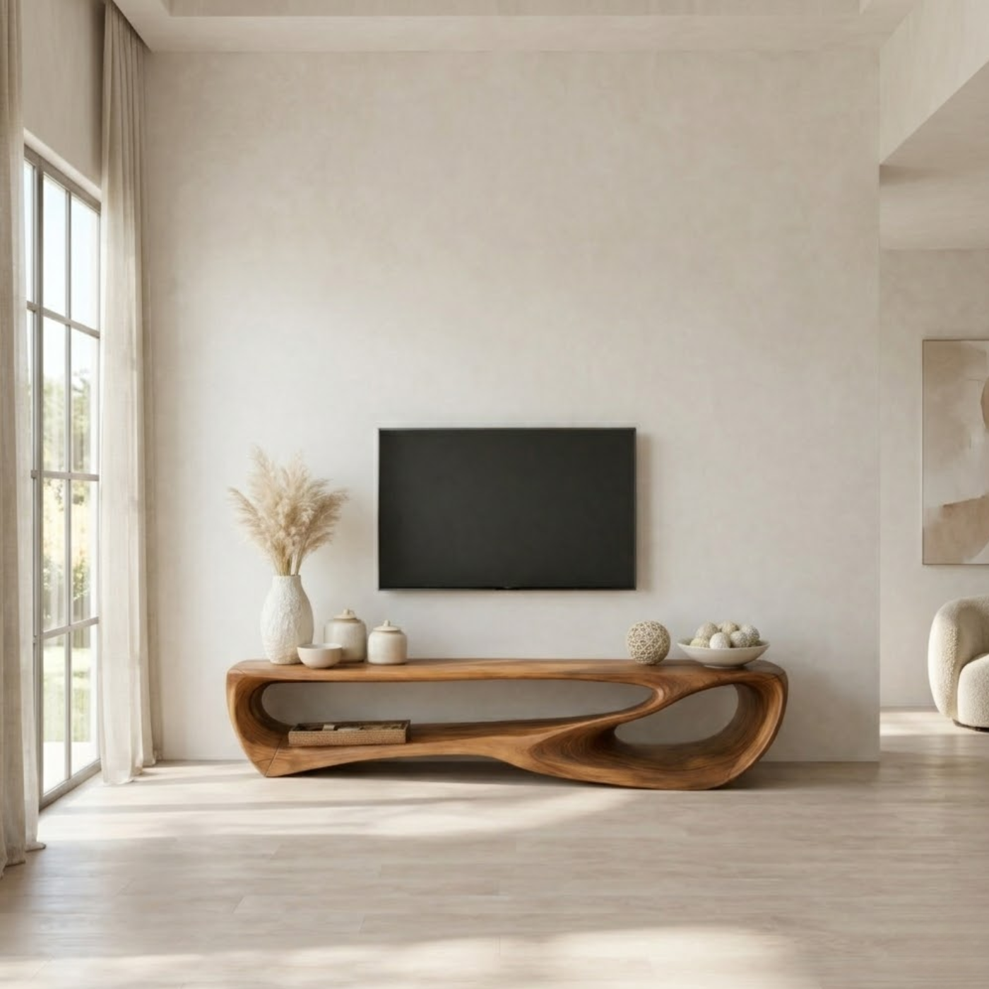 Handcrafted Solid Wood Sculptural TV Stand with Open Shelf Design