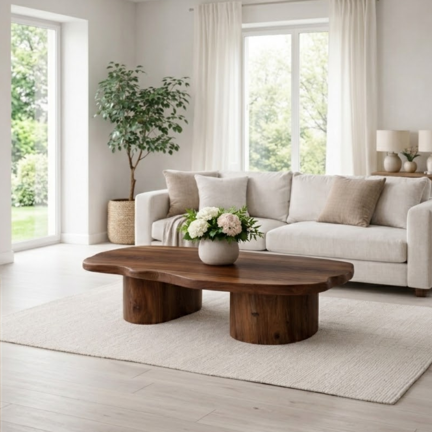 Solid Wood Coffee Table with Organic Shape & Dual Pedestal Base – Modern Rustic Design