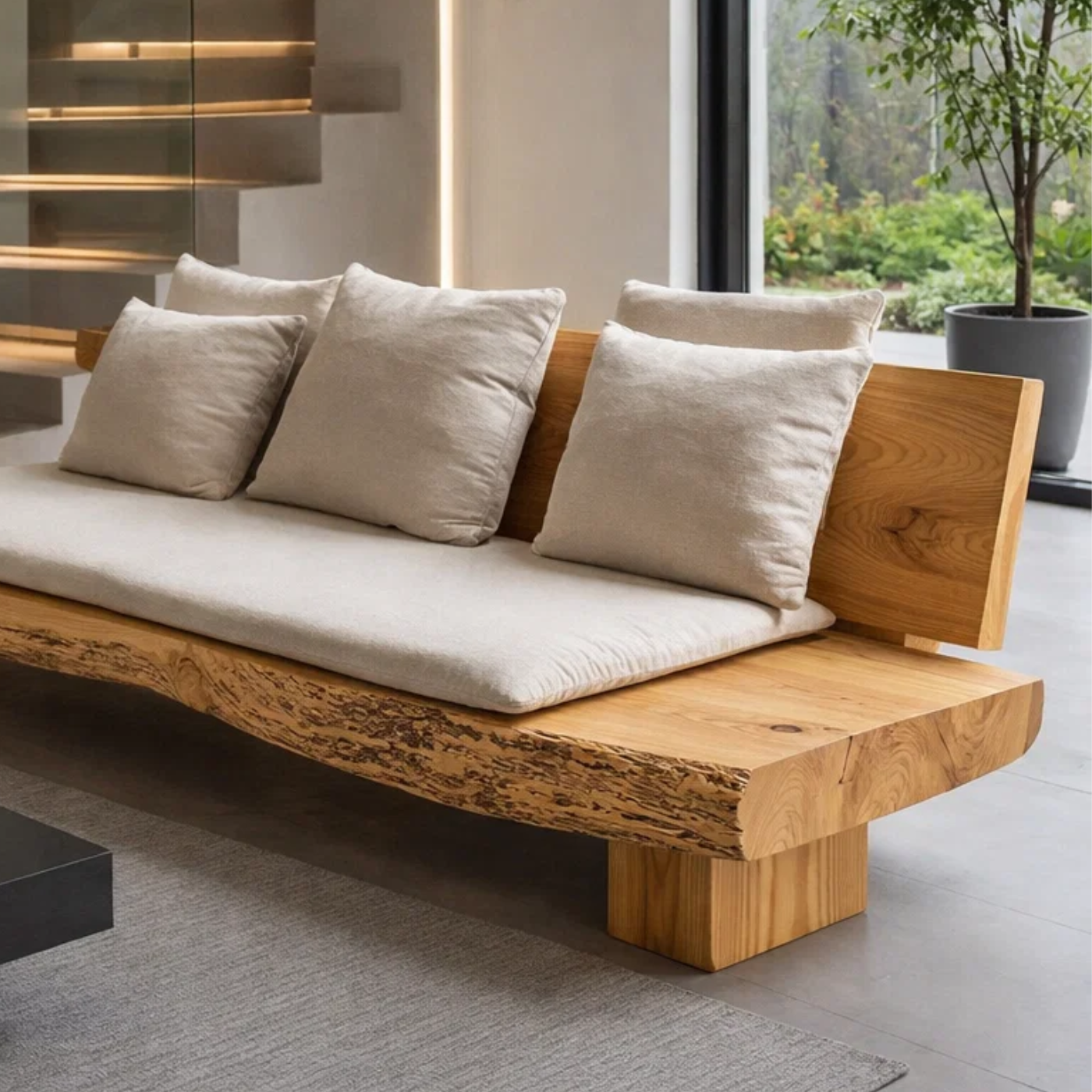 Live Edge Solid Wood Daybed, Rustic Organic Modern Sofa with Backrest