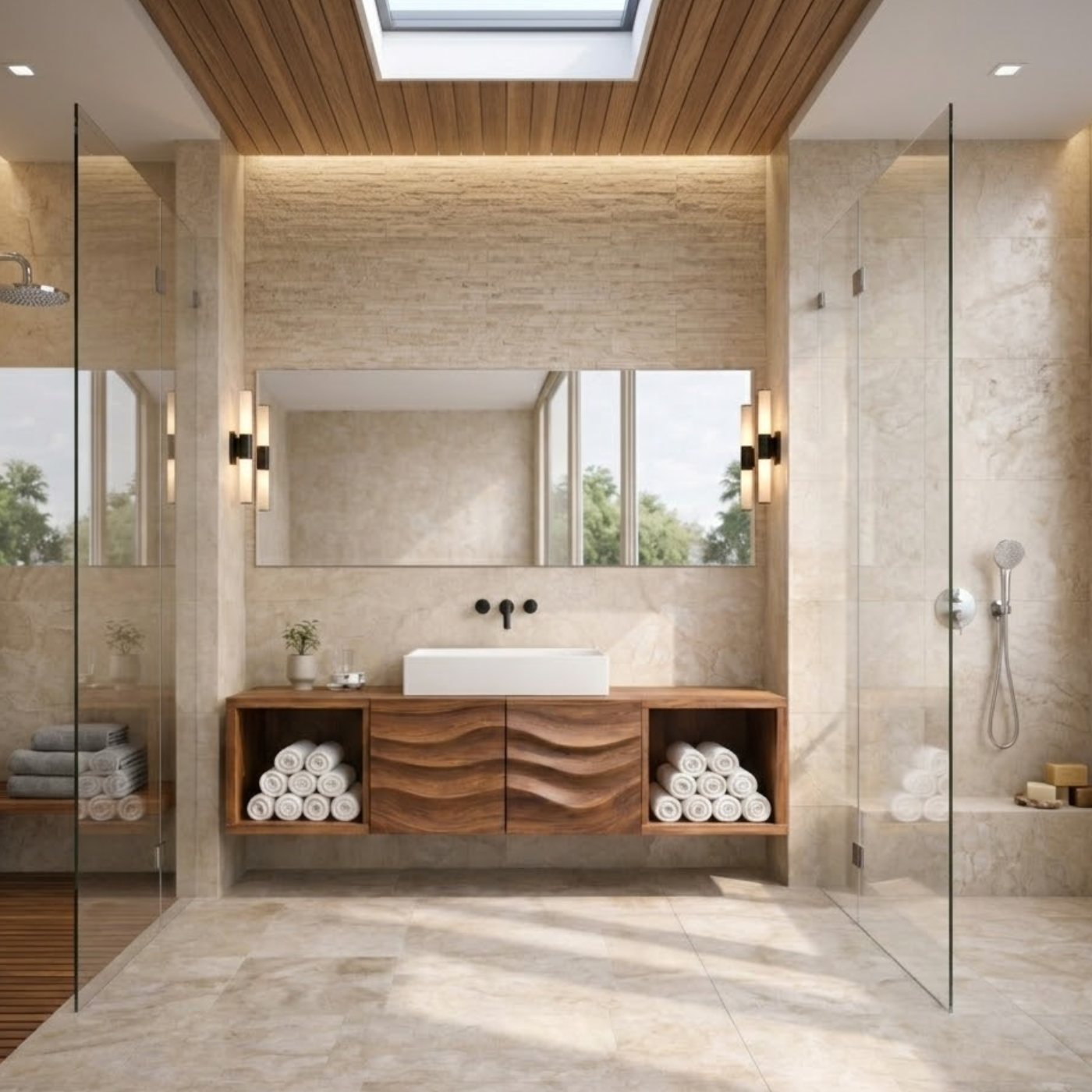 Floating Solid Wood Bathroom Vanity with Wave Textured Doors and Open Shelves