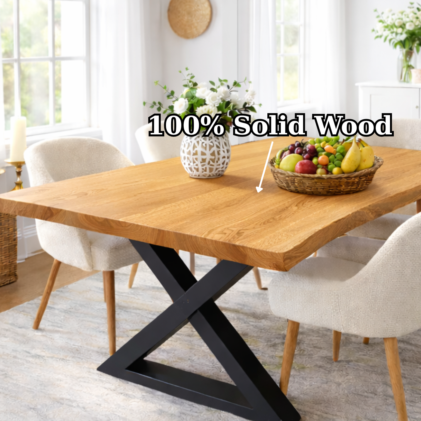 Modern Solid Oak Live Edge Dining Table with Black Steel X Base for Minimalist Homes