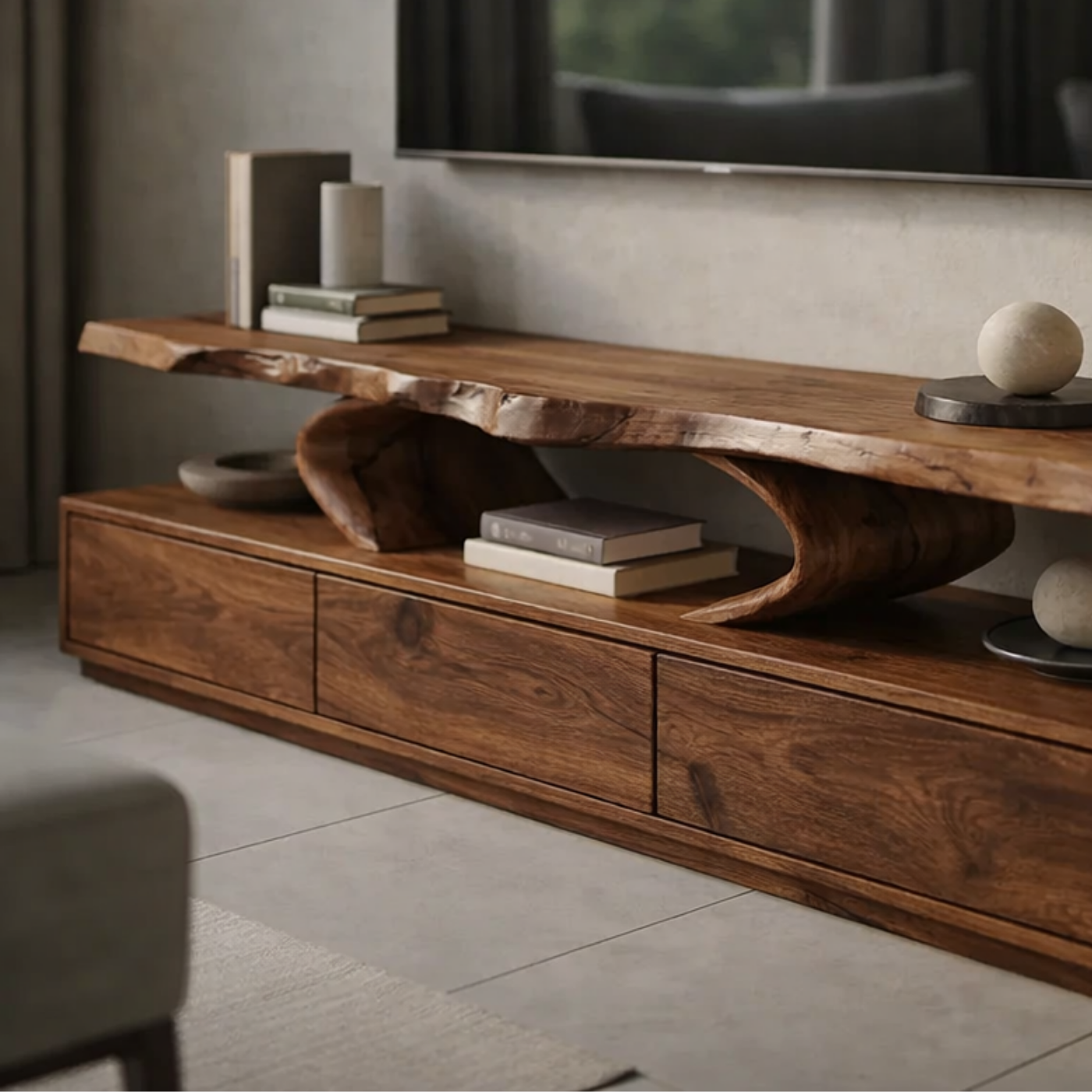 Live Edge Solid Wood TV Stand – Organic Modern Low Profile Media Console with Storage