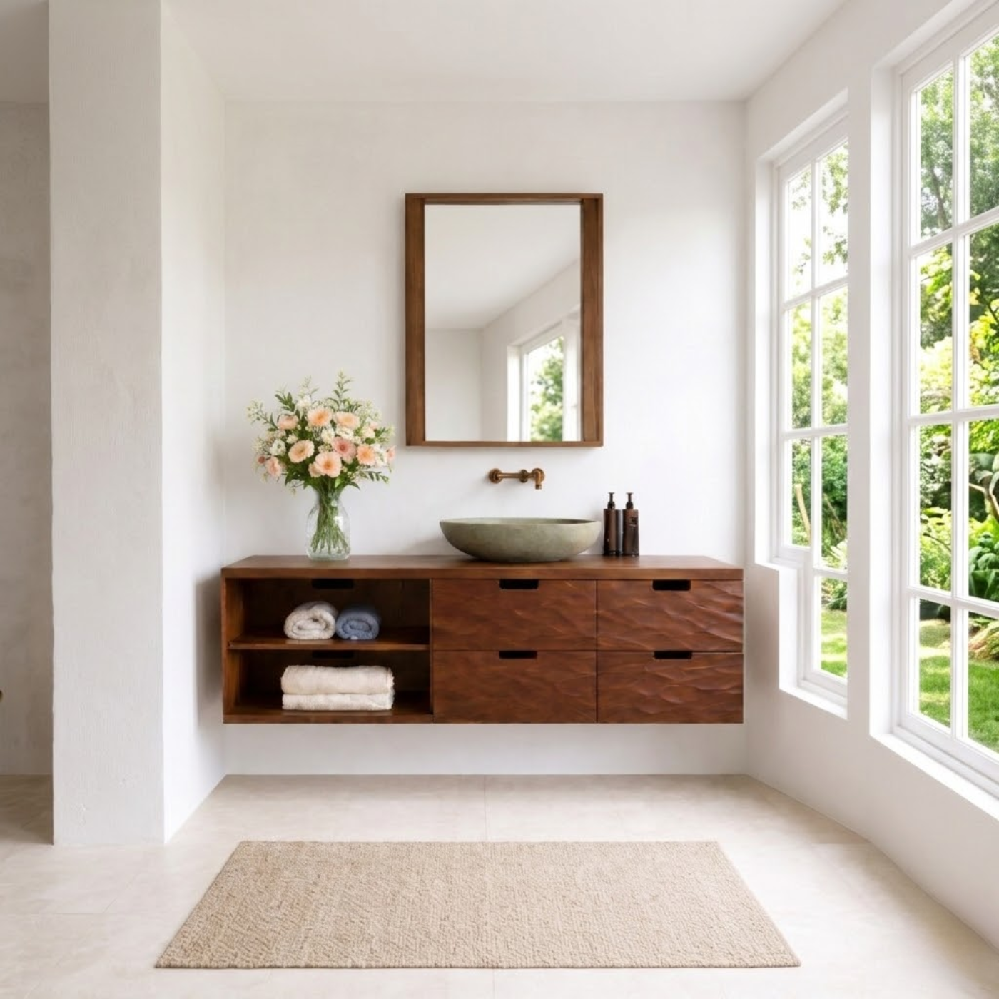 Floating Solid Wood Bathroom Vanity with Textured Drawer Fronts and Open Shelf – Modern Rustic Wall Mounted Vanity