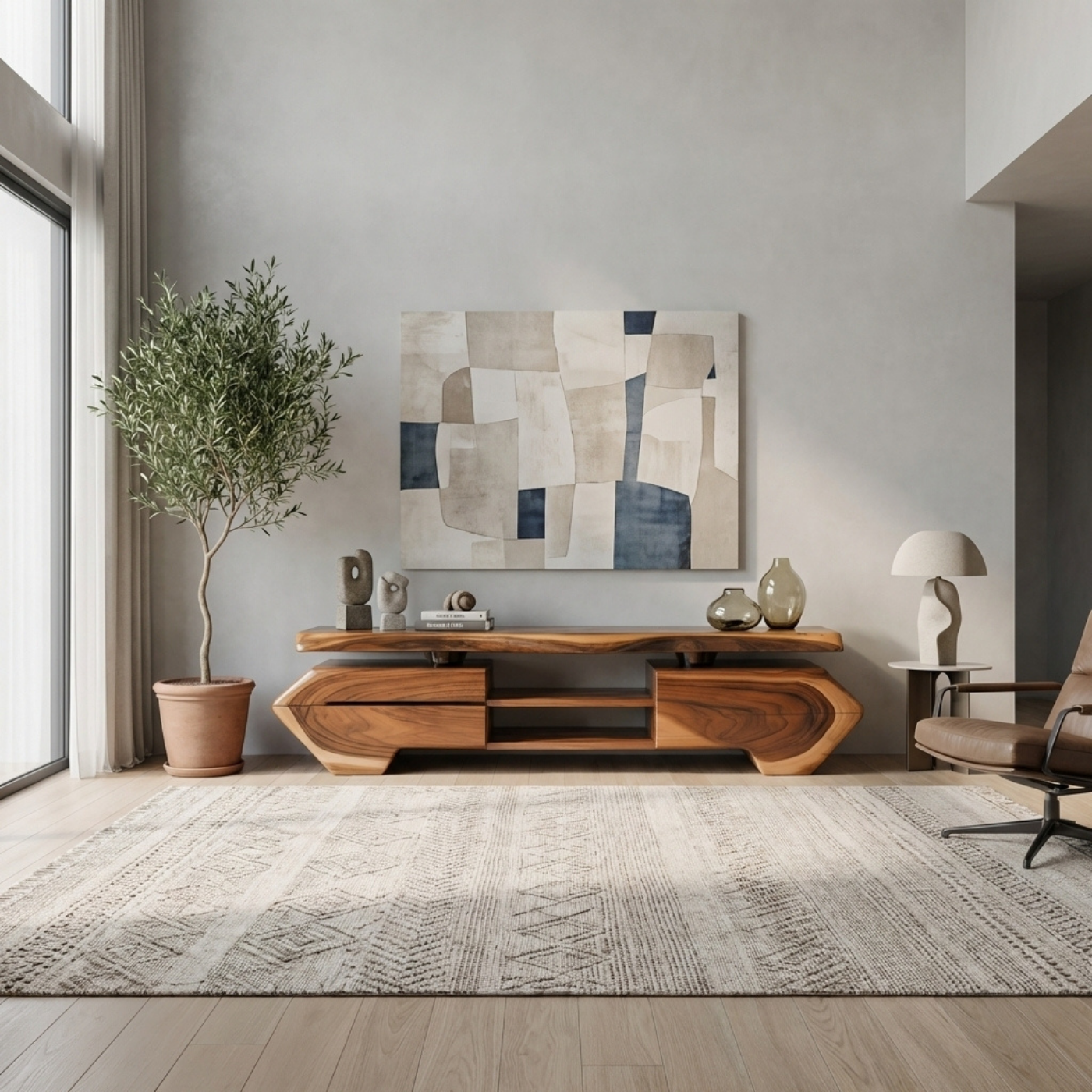 Live Edge Solid Wood TV Stand – Modern Oak Media Console with Sculptural Base