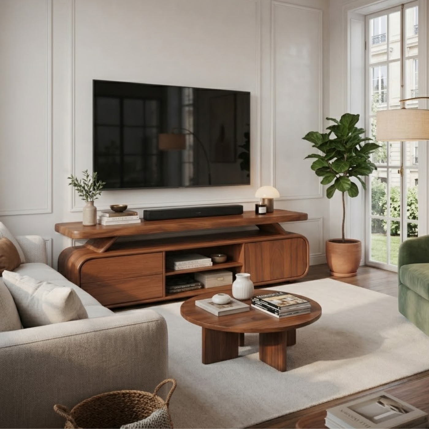 Solid Wood TV Stand with Rounded Edges – Modern Low Profile Media Console with Storage