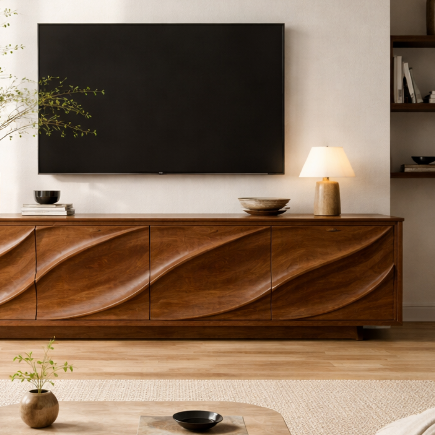 Solid Wood TV Stand with Carved Wave Front – Modern Luxury Media Console Cabinet