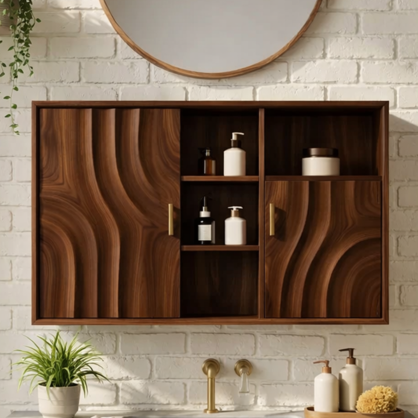 Solid Wood Floating Bathroom Cabinet with Wave Doors & Open Shelving