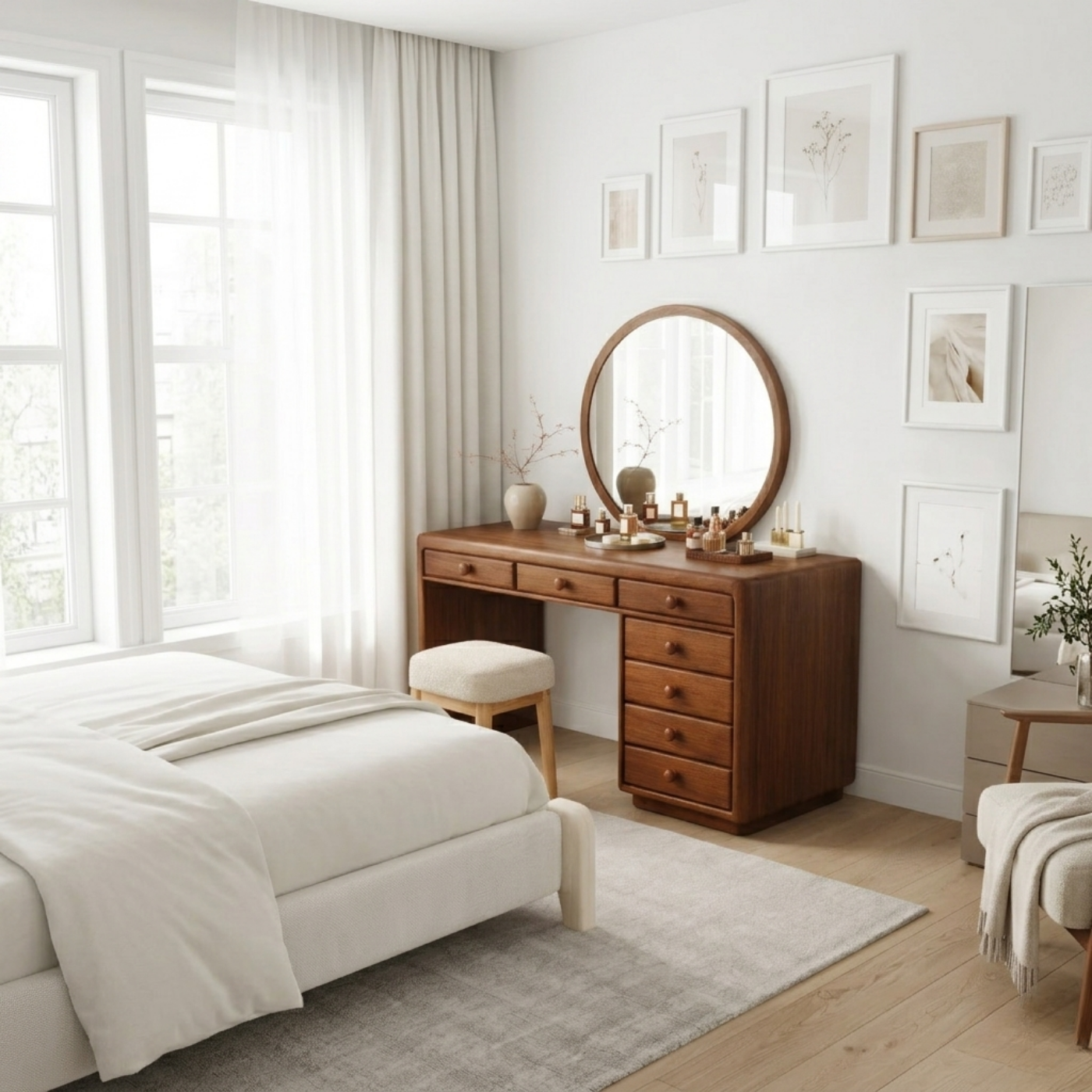 Solid Wood Makeup Vanity Desk with 7 Drawers, Modern Wooden Dressing Table with Rounded Edges