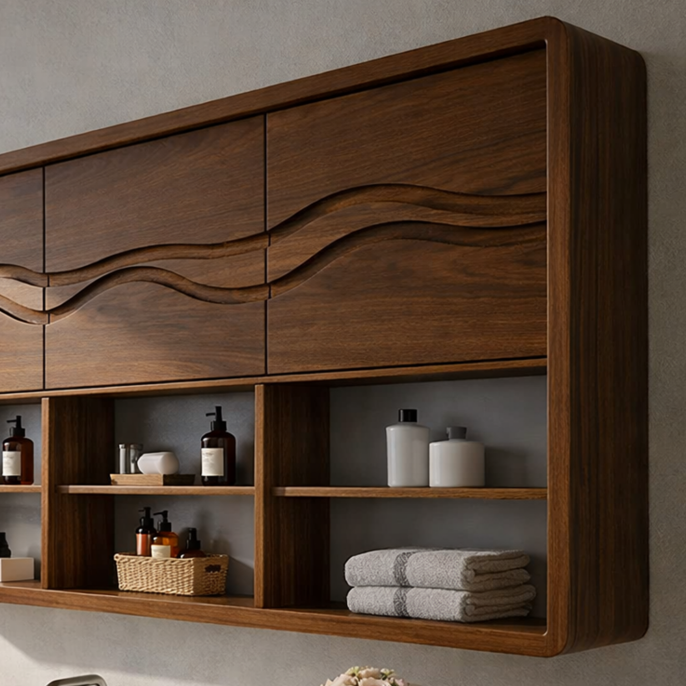 Solid Wood Bathroom Cabinet with Wave Carved Doors & Open Shelving Storage