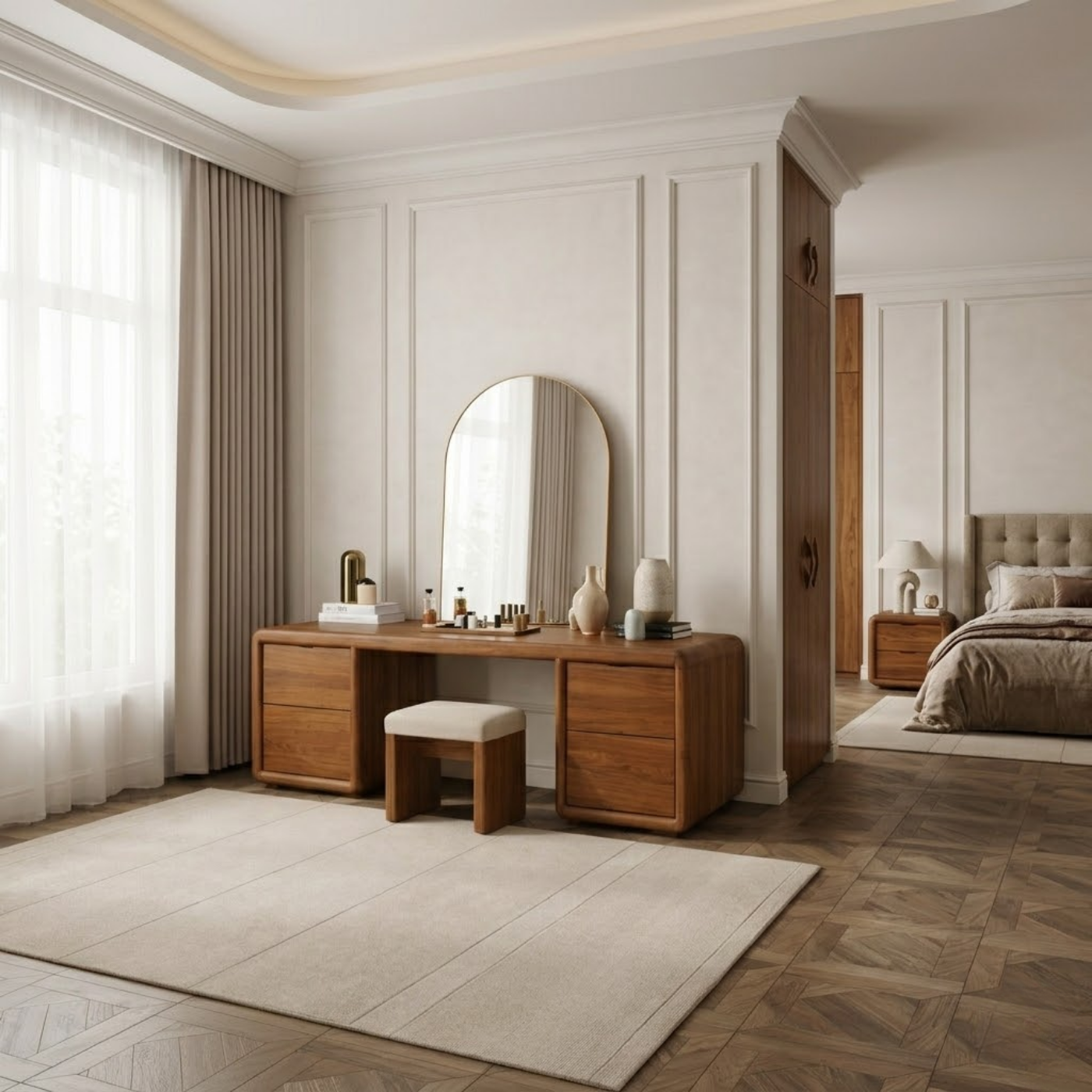 Solid Wood Makeup Vanity Desk with 4 Drawers, Rounded Waterfall Wooden Dressing Table