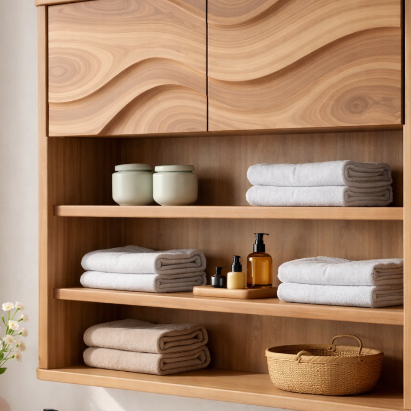 Solid Wood Bathroom Cabinet with Open Shelves & Wave Doors – Modern Wall Mounted Storage