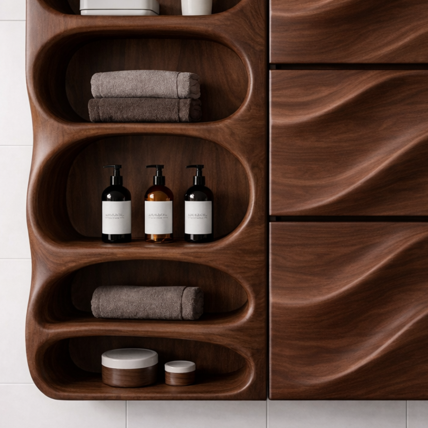 Solid Wood Bathroom Storage Cabinet with Wave Doors – Modern Wall Mounted Organizer