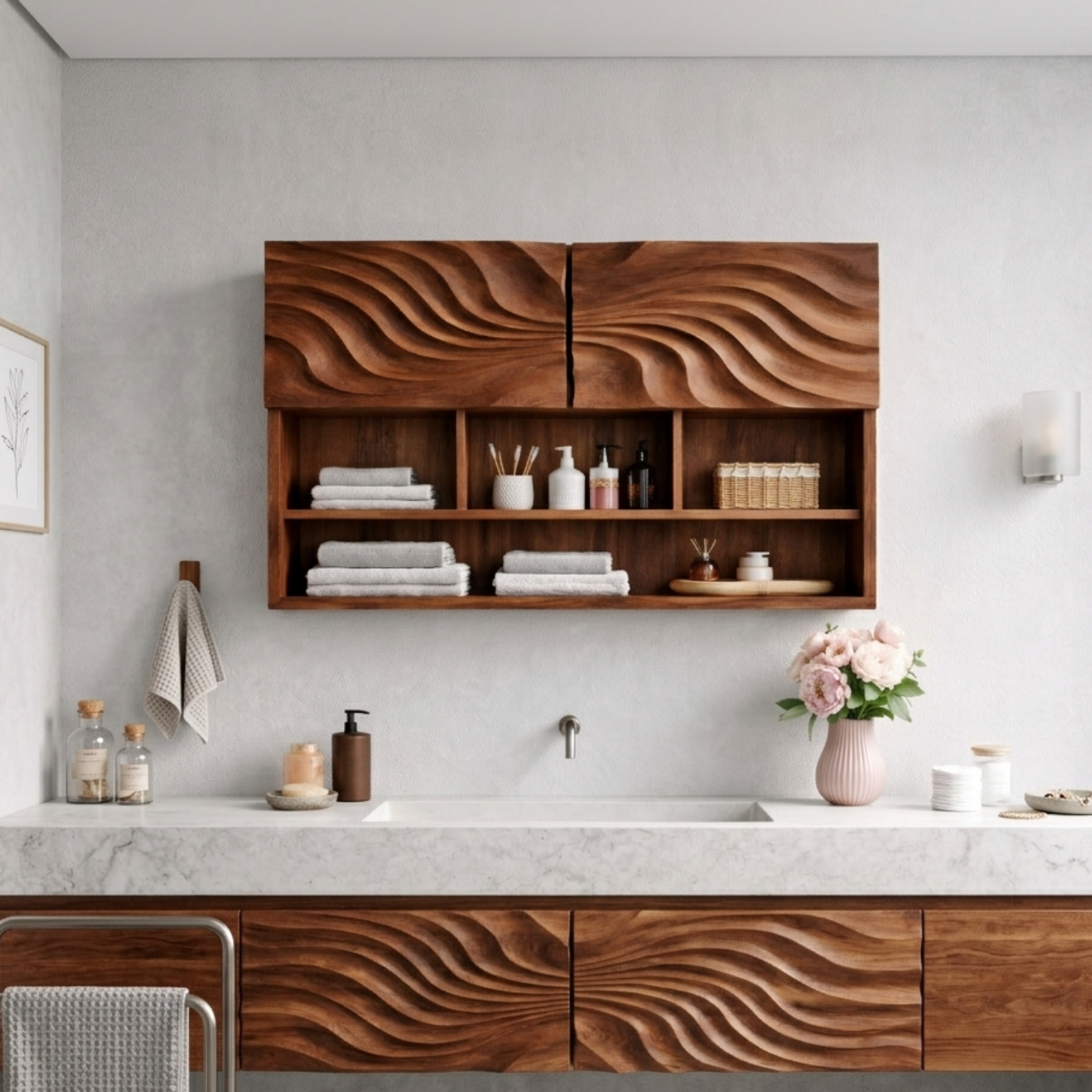 Solid Wood Floating Bathroom Shelf Cabinet with Wave Carved Doors