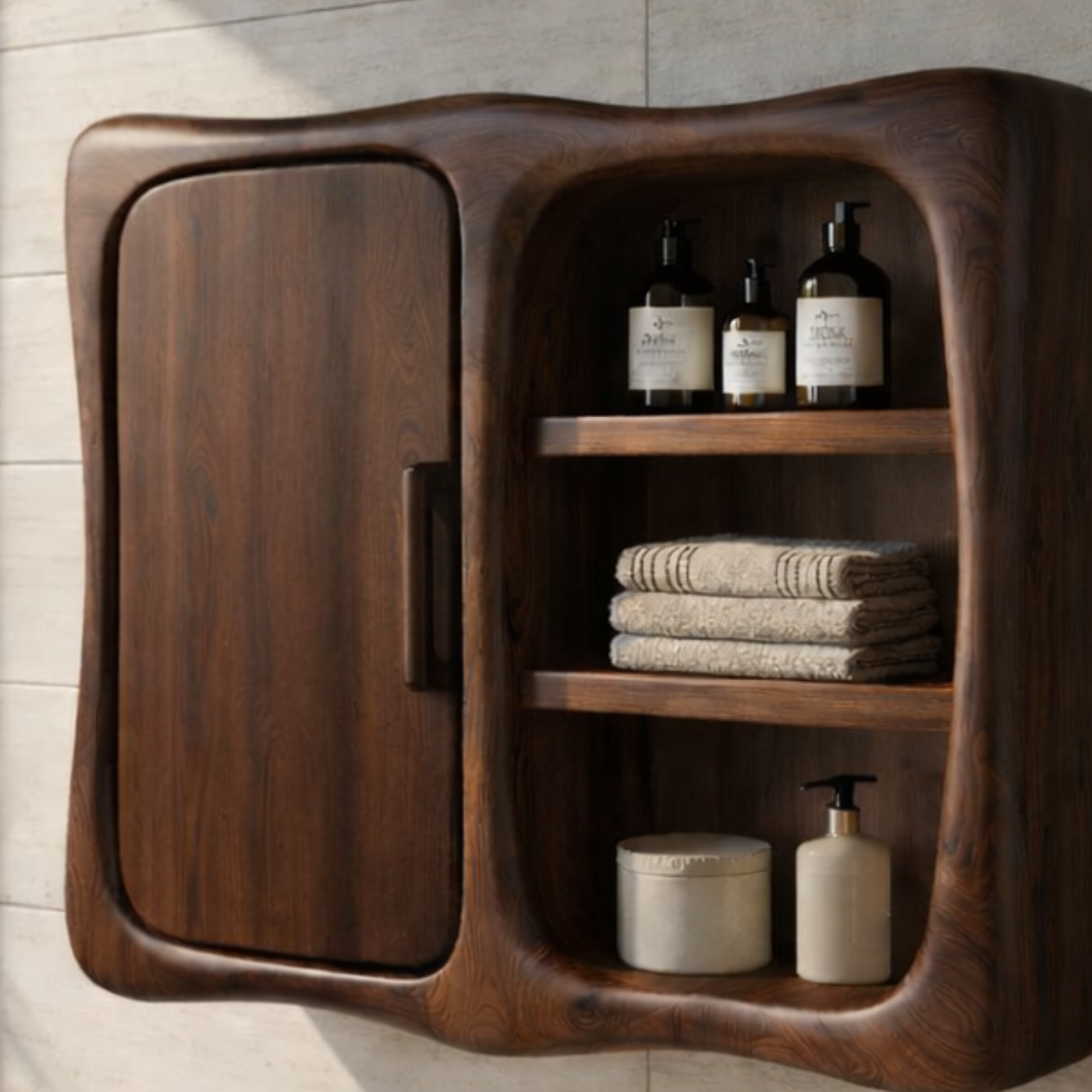 Solid Wood Wall Mounted Bathroom Cabinet – Curved Storage Cabinet with Open Shelf