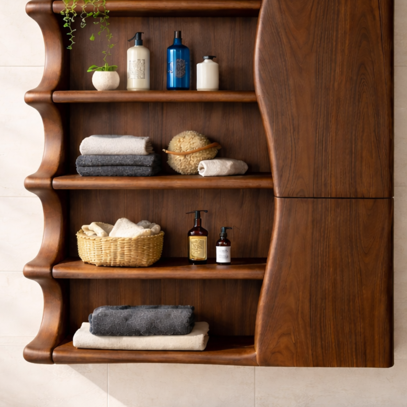 Solid Wood Floating Bathroom Cabinet with Wave Edge Shelves & Storage Door