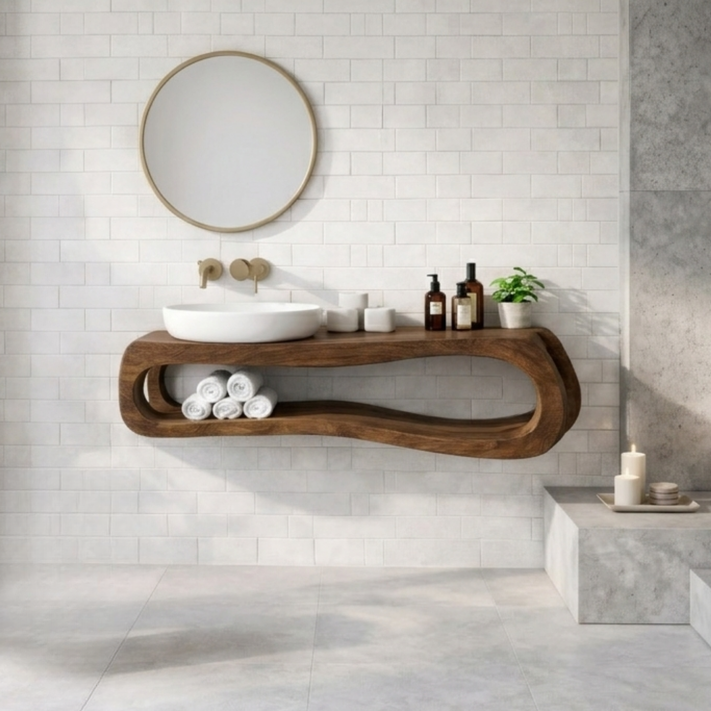Solid Wood Floating Bathroom Vanity with Open Shelf – Modern Curved Wall Mounted Cabinet