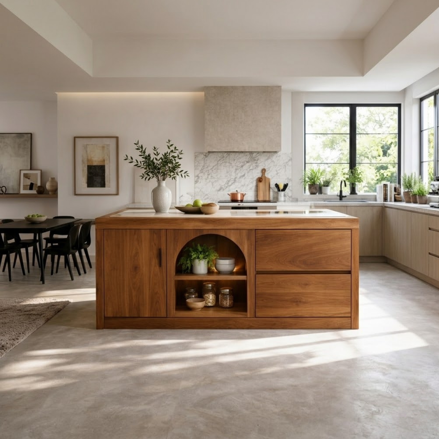Solid Woood Kitchen Island with Arched Shelf, Drawer & Cabinet Storage