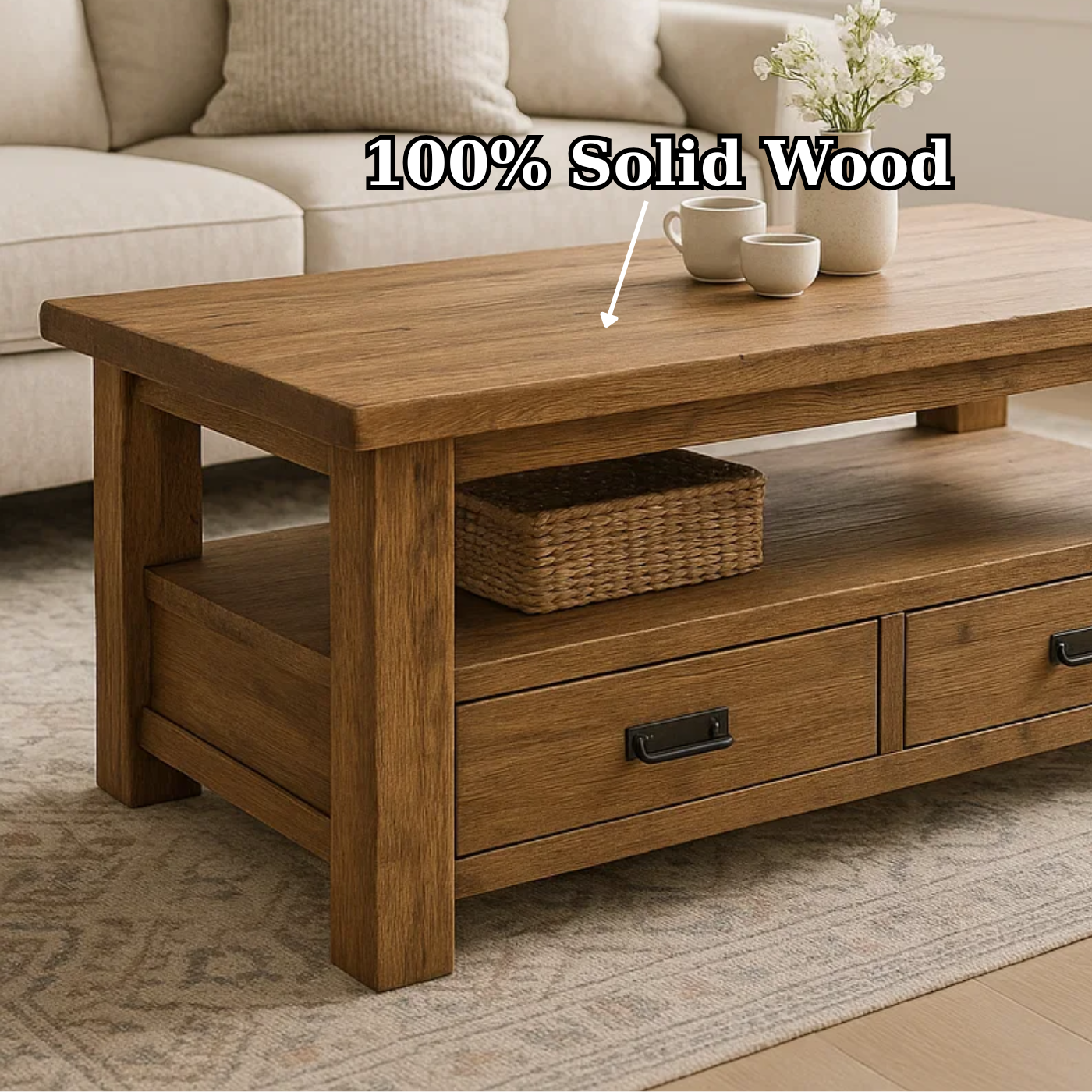 Handcrafted Solid Wood Coffee Table – Rustic Farmhouse Storage with Two Drawers and Shelf Kitchnce