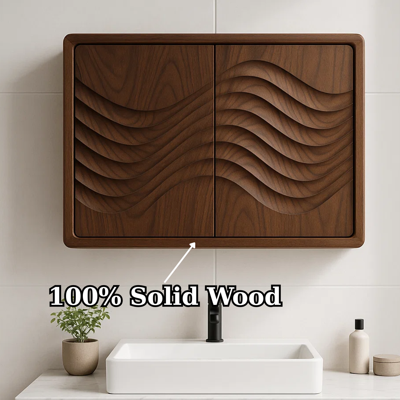 Handcrafted Solid Wood Wall Cabinet with Sculpted Wave Doors – Modern Artistic Bathroom Storage Kitchnce