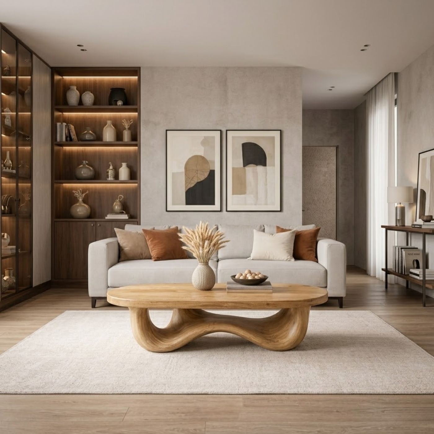 Solid Wood Oval Coffee Table with Sculptural Wave Base and Rustic Walnut Finish