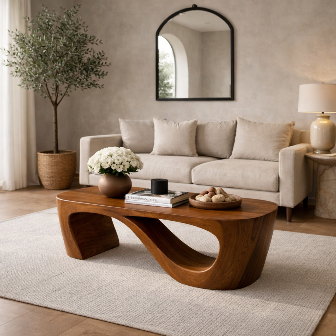 Solid Wood Coffee Table with Sculptural Curved Base and Organic Minimal Design